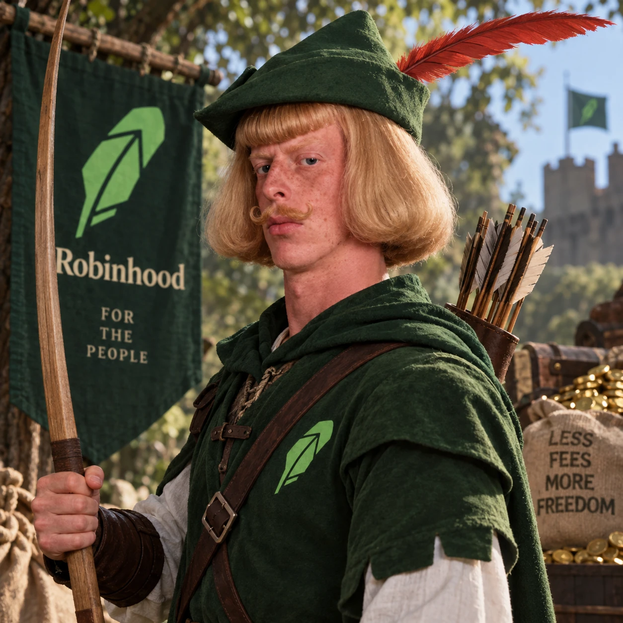 RobinJean: Jean Phil in a green felt hood and cap with a red feather, blond hair, a moustache and freckles, holding a longbow beside a green Robinhood banner reading For The People, a castle and a chest of gold behind him.